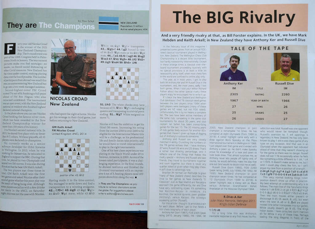 Articles on Nic Croad (New in Chess, left) and Anthony Ker and Russell Dive (CHESS Monthly, right)
